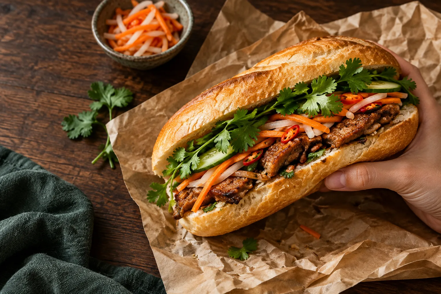 Close-up of bánh mì with herbs and pickled vegetables on kraft paper