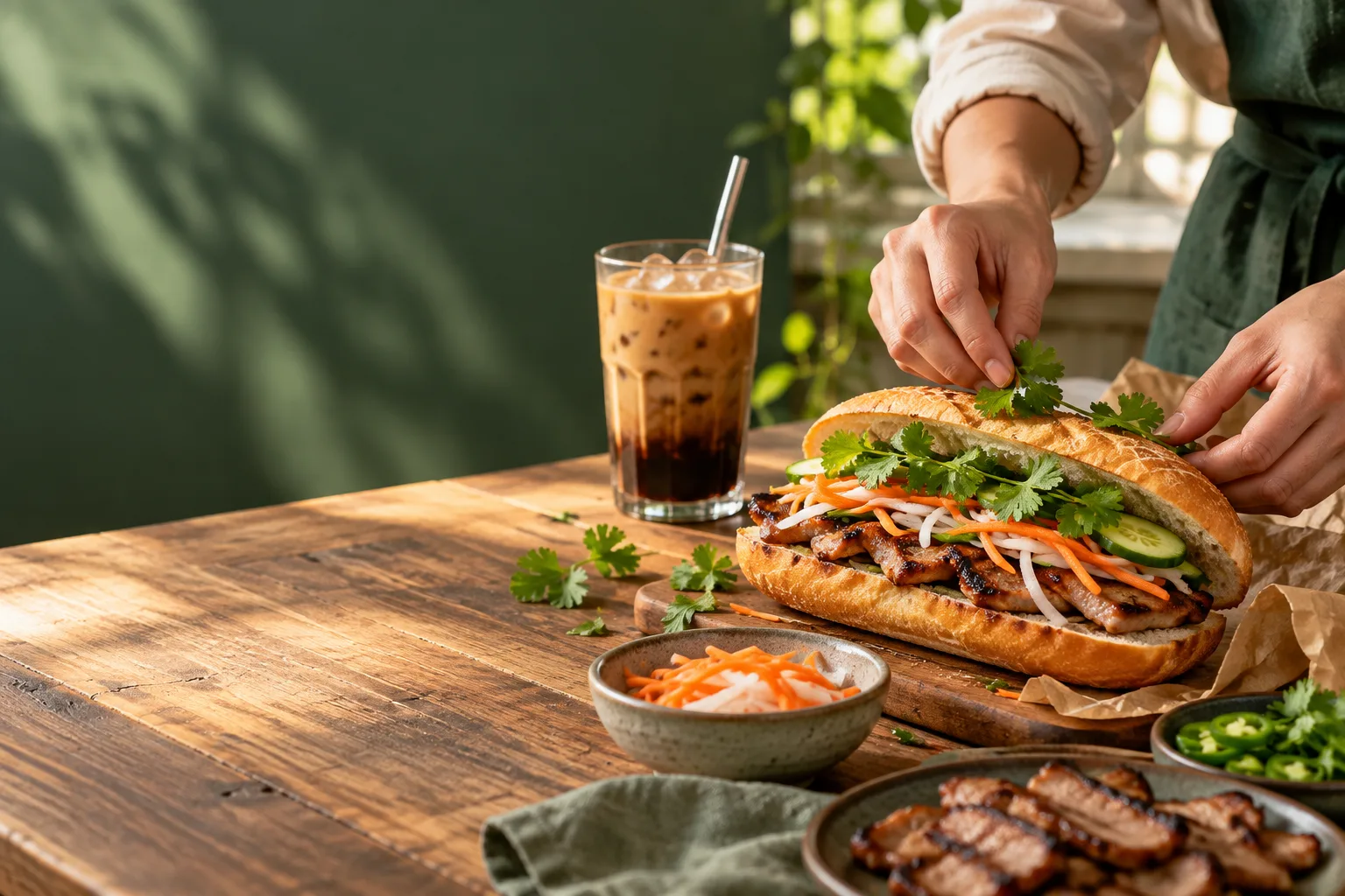 Hands adding fresh herbs to bánh mì beside Vietnamese iced coffee