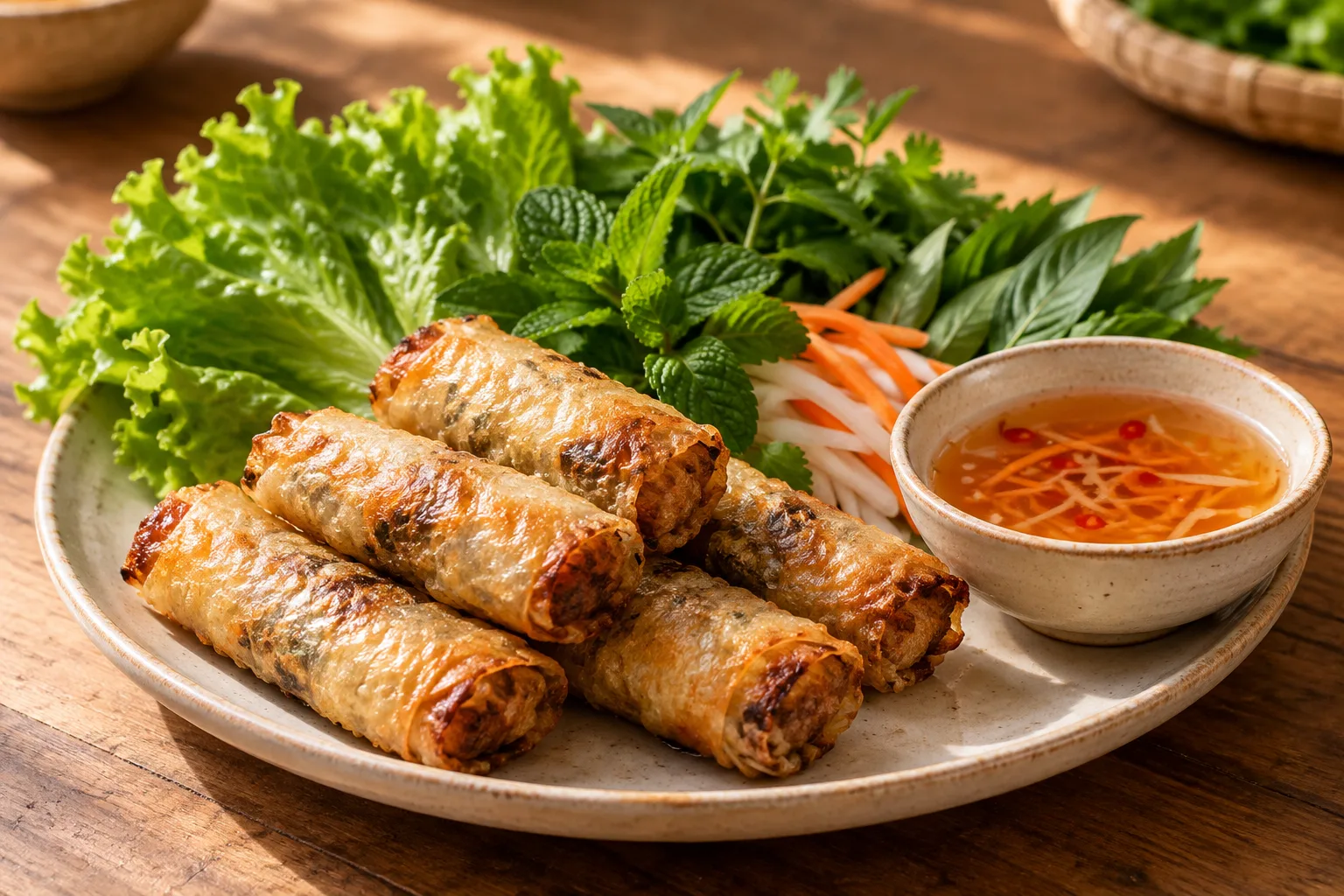 Illustrative chả ram spring rolls with herbs