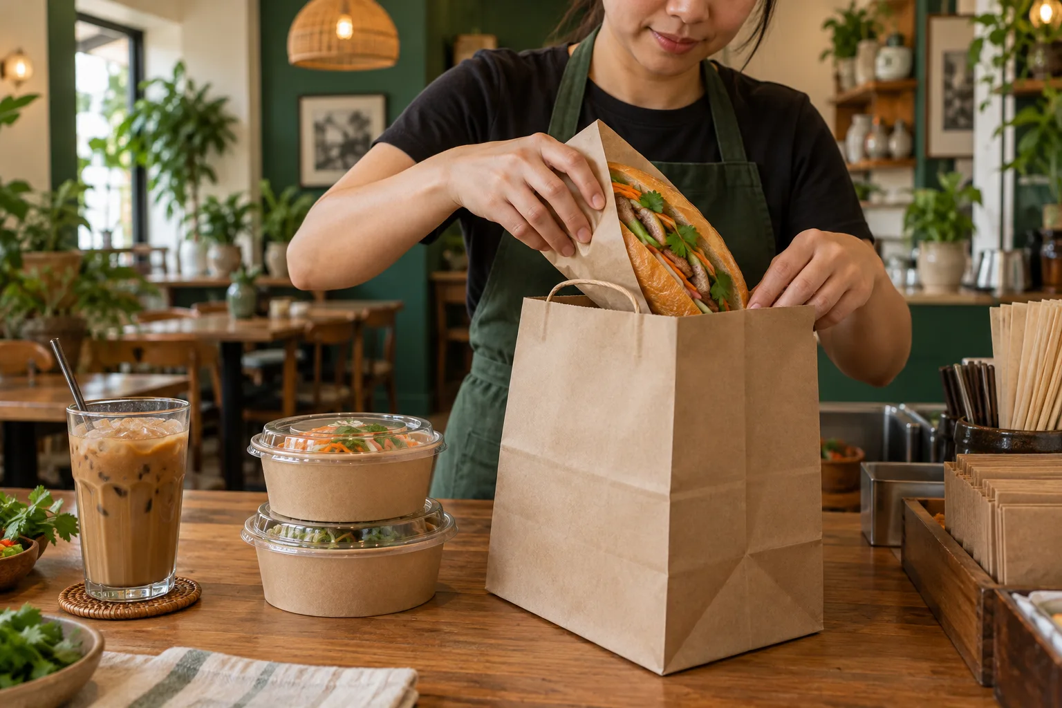 Hands packing a takeout meal into a kraft paper bag